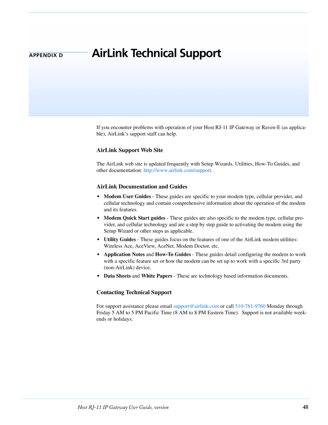 Airlink RJ-11 manual AirLink Technical Support, AirLink Support Web Site AirLink Documentation and Guides 