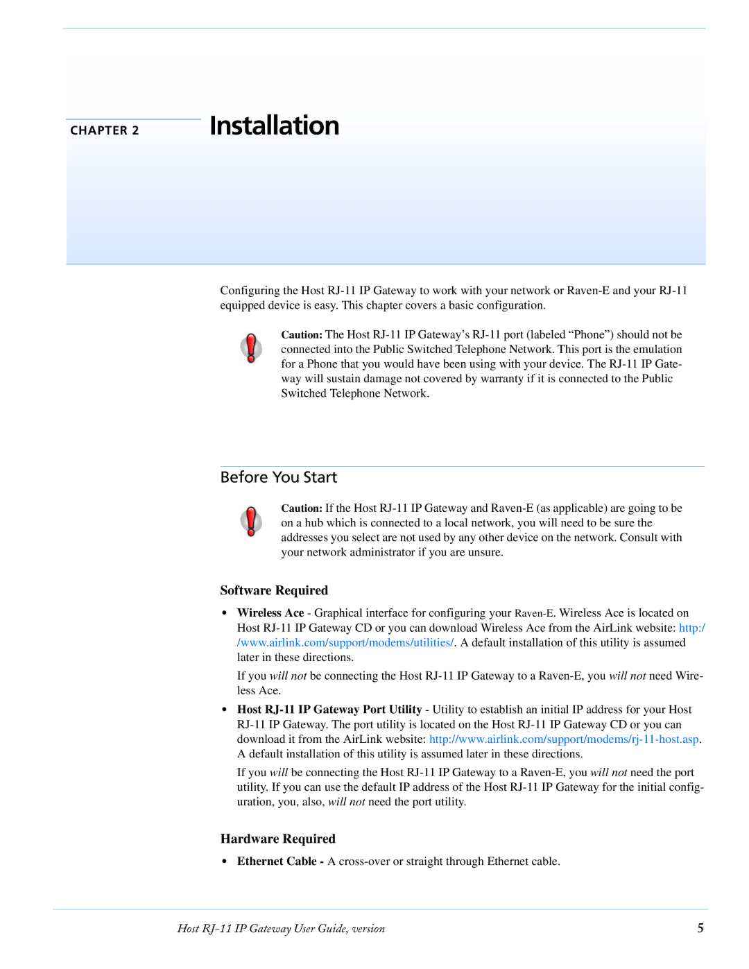 Airlink RJ-11 manual Installation, Before You Start, Software Required, Hardware Required 