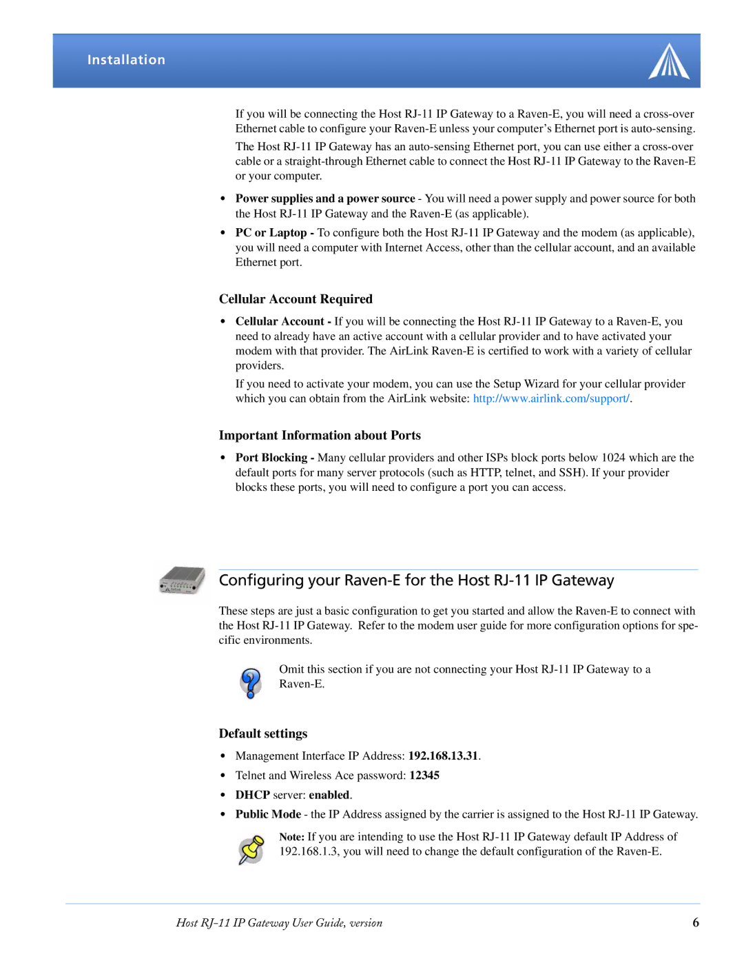 Airlink manual Configuring your Raven-E for the Host RJ-11 IP Gateway, Installation, Cellular Account Required 