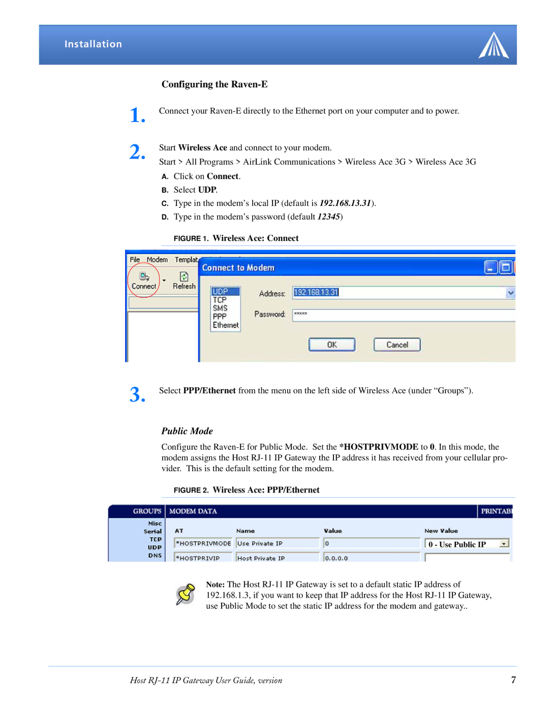 Airlink RJ-11 manual Configuring the Raven-E, Public Mode 