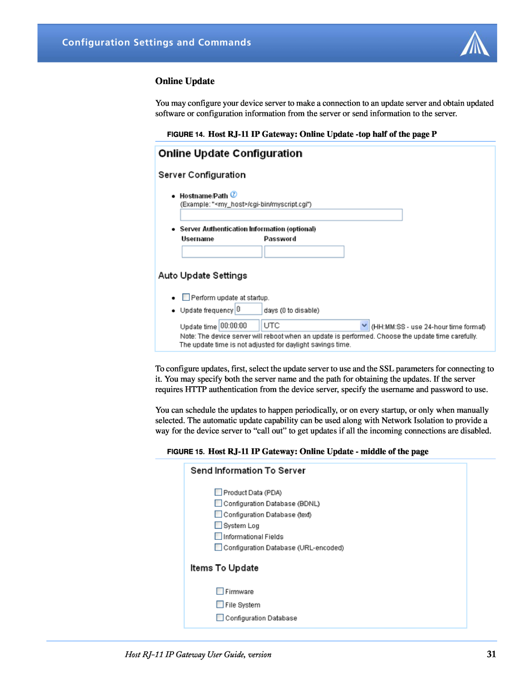 Airlink manual Host RJ-11 IP Gateway Online Update - middle of the page, Configuration Settings and Commands 