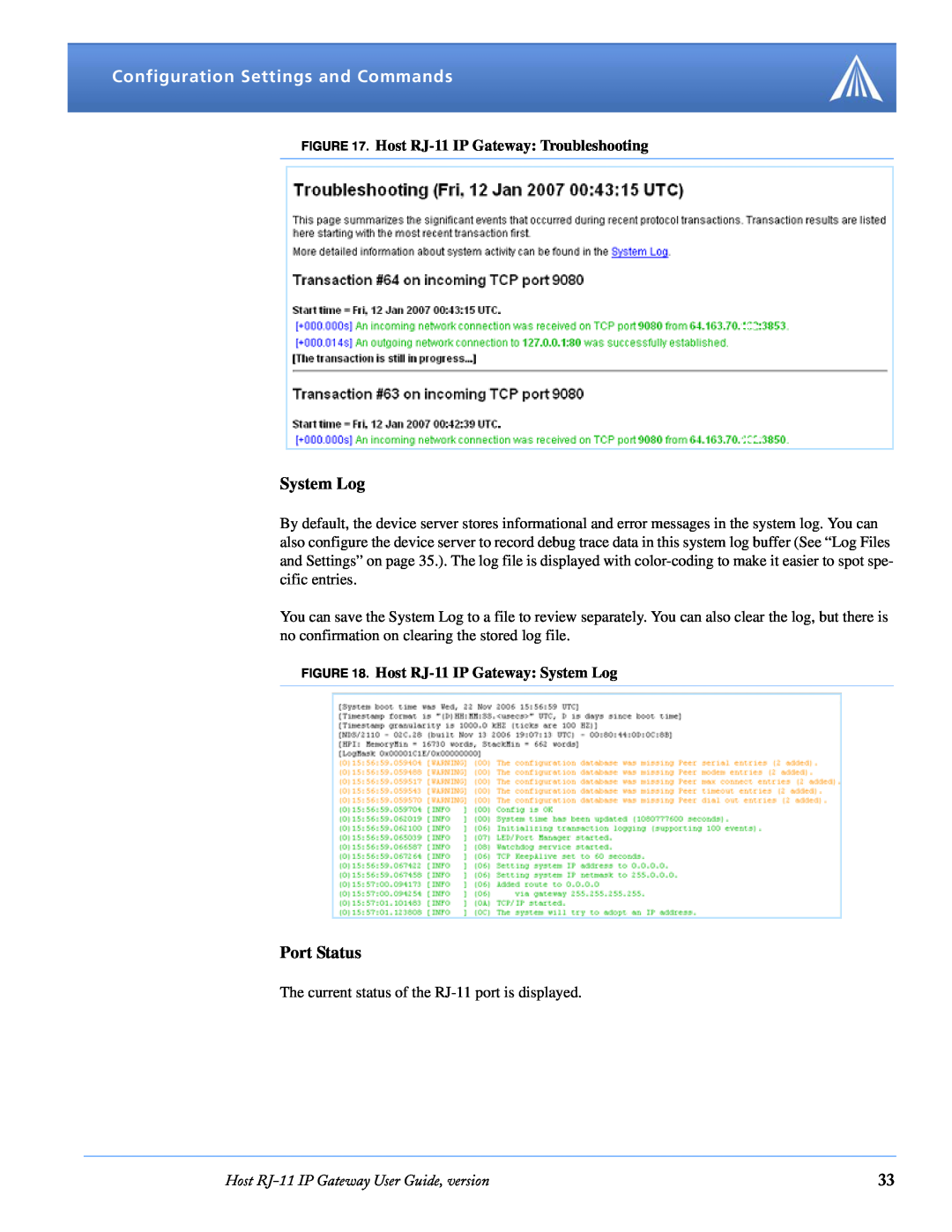 Airlink manual Port Status, Host RJ-11 IP Gateway Troubleshooting, Host RJ-11 IP Gateway System Log 