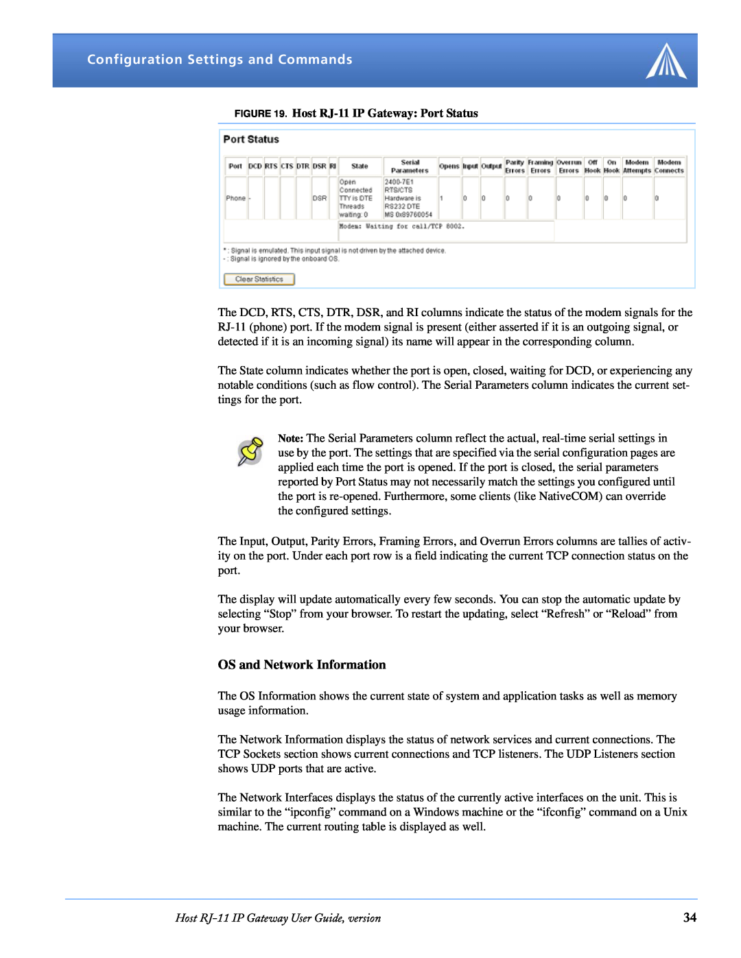 Airlink manual OS and Network Information, Host RJ-11 IP Gateway Port Status, Configuration Settings and Commands 