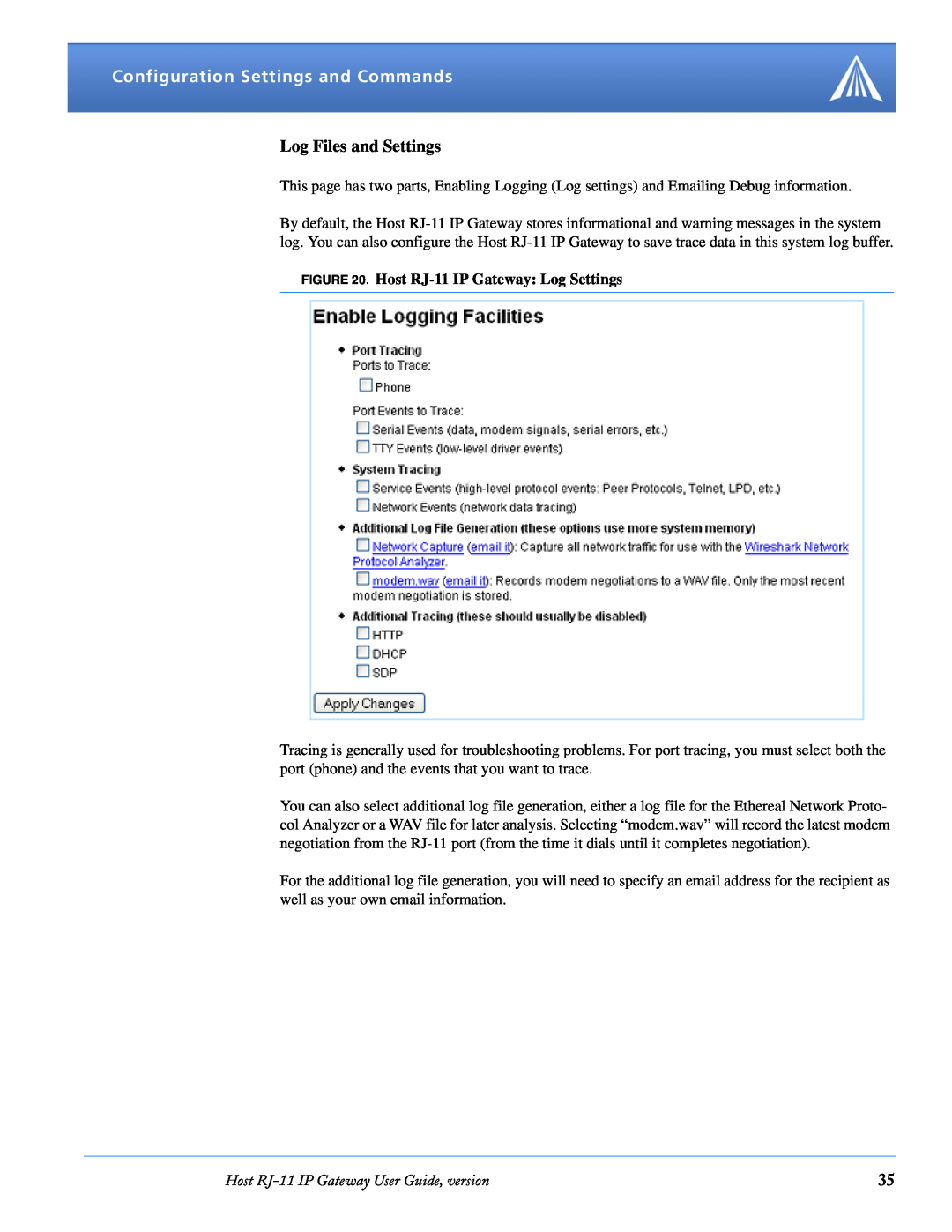 Airlink manual Log Files and Settings, Host RJ-11 IP Gateway Log Settings, Configuration Settings and Commands 