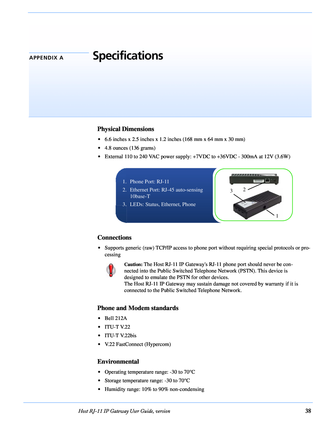 Airlink RJ-11 manual Specifications, Physical Dimensions, Connections, Phone and Modem standards, Environmental, Appendix A 