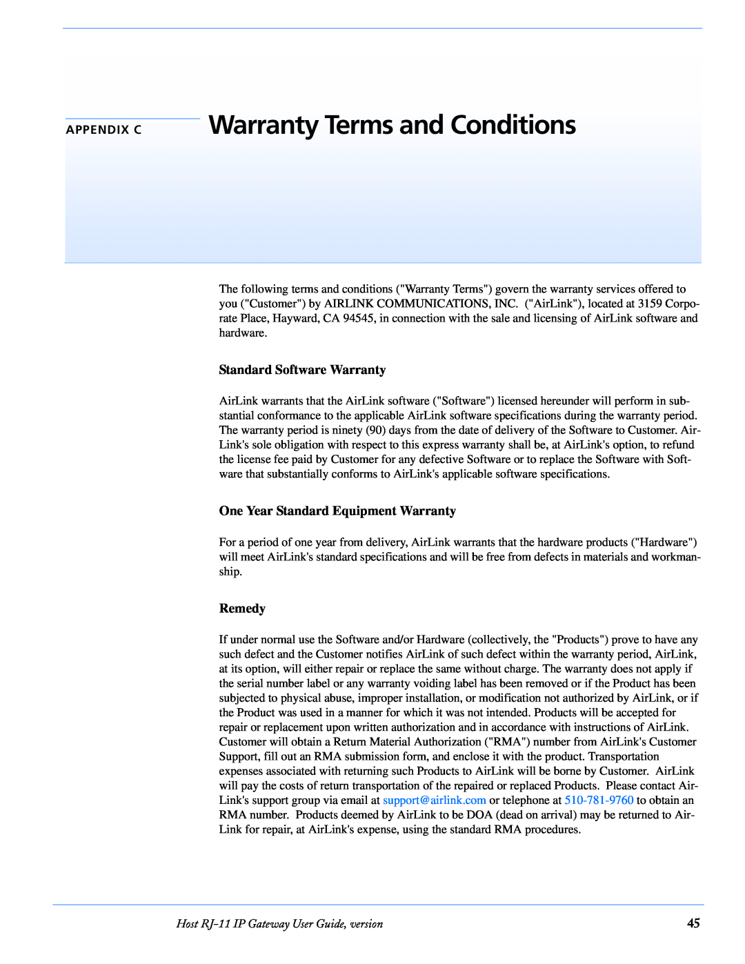 Airlink RJ-11 Warranty Terms and Conditions, Standard Software Warranty, One Year Standard Equipment Warranty, Remedy 