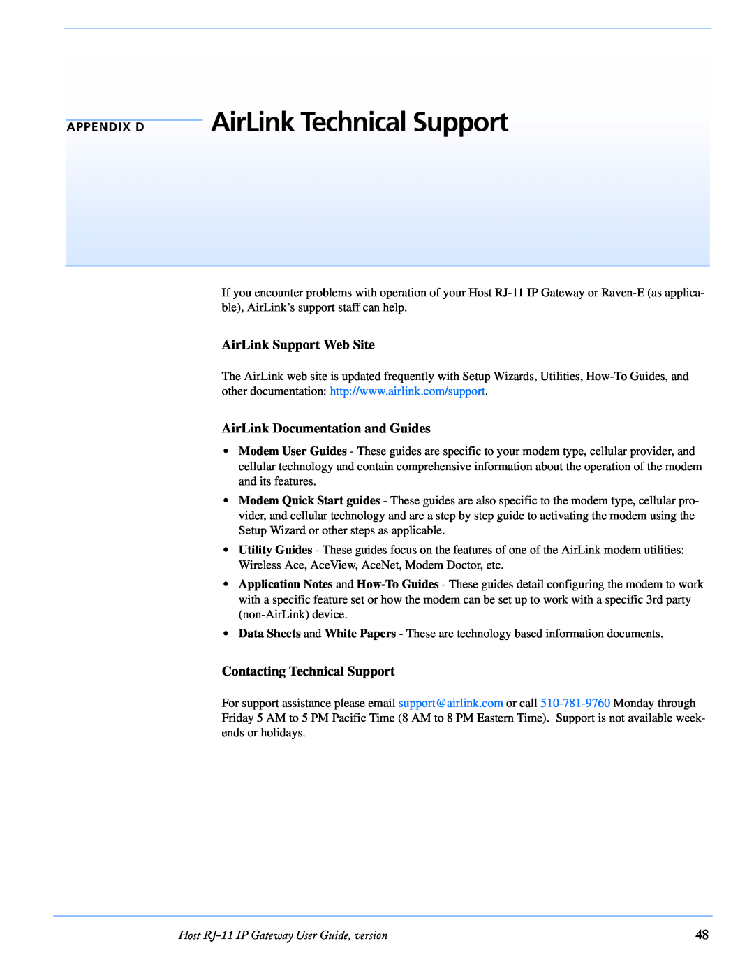 Airlink RJ-11 manual AirLink Technical Support, AirLink Support Web Site, AirLink Documentation and Guides, Appendix D 