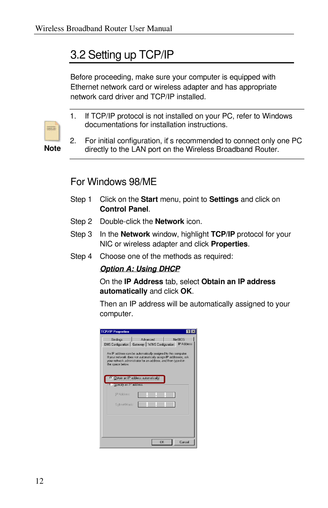 Airlink RT210W user manual Setting up TCP/IP, For Windows 98/ME, Control Panel, Option a Using Dhcp 