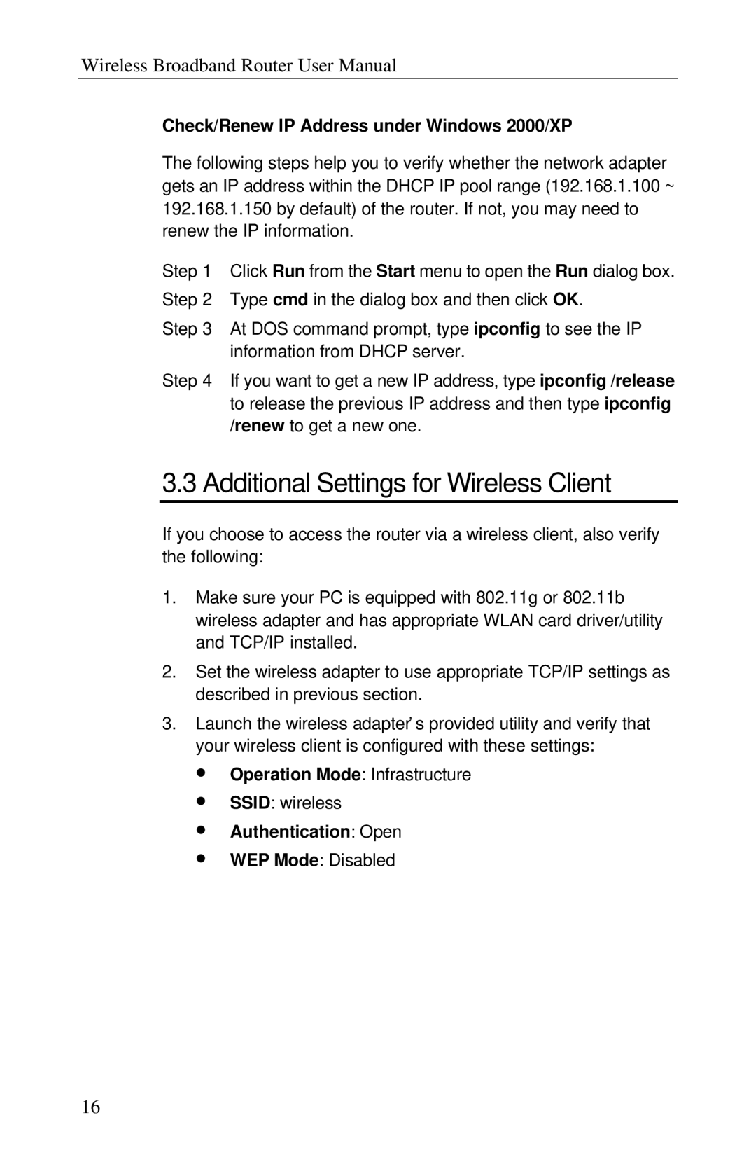 Airlink RT210W user manual Additional Settings for Wireless Client, Check/Renew IP Address under Windows 2000/XP 