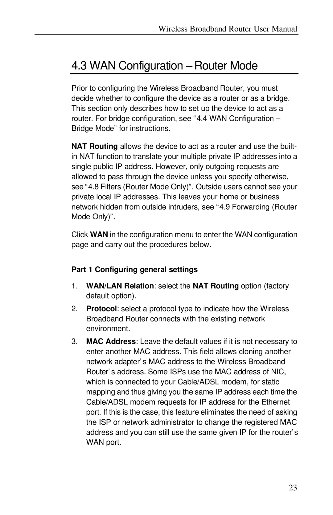 Airlink RT210W user manual WAN Configuration Router Mode, Part 1 Configuring general settings 