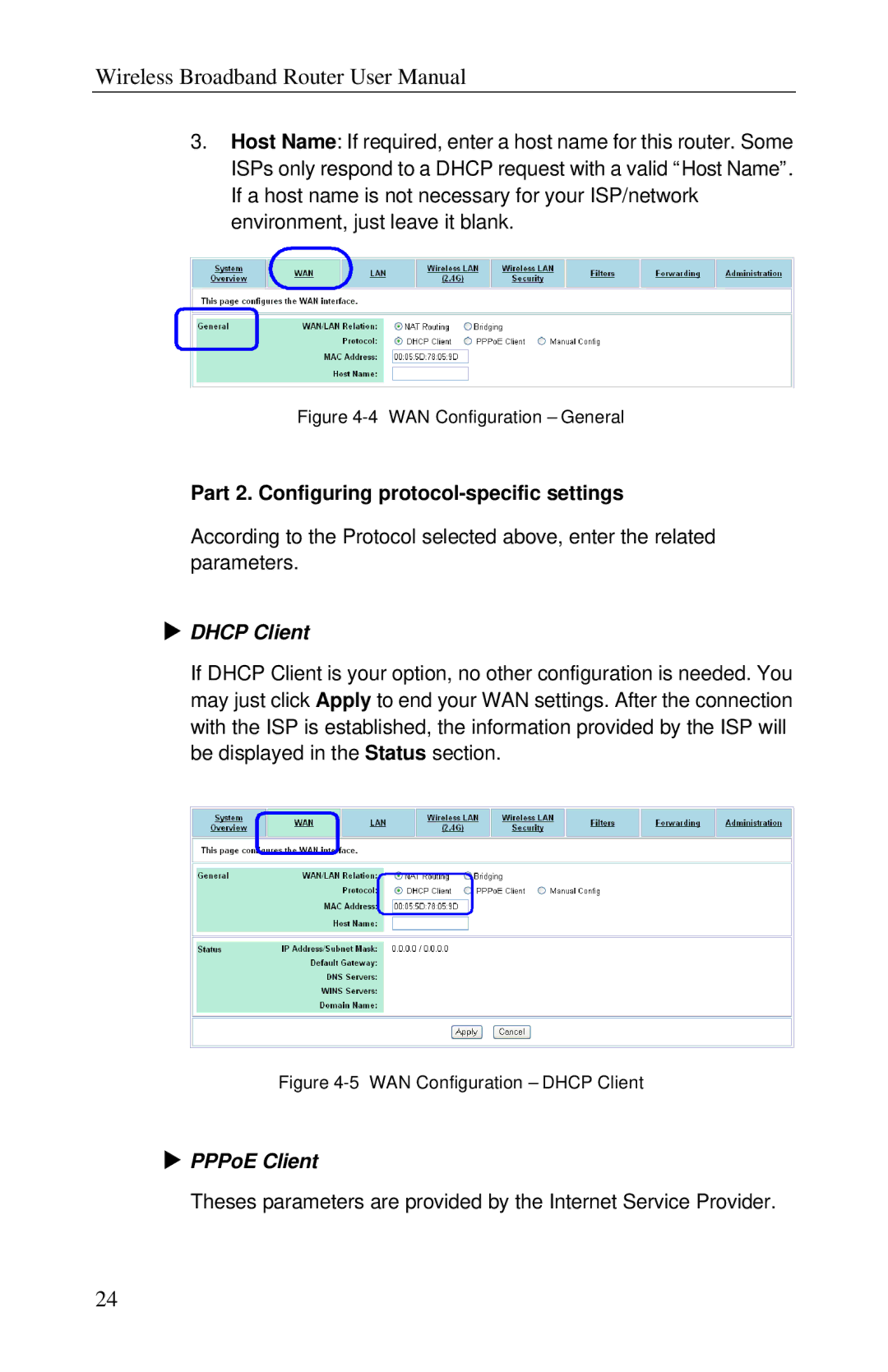 Airlink RT210W user manual Part 2. Configuring protocol-specific settings, Dhcp Client, PPPoE Client 