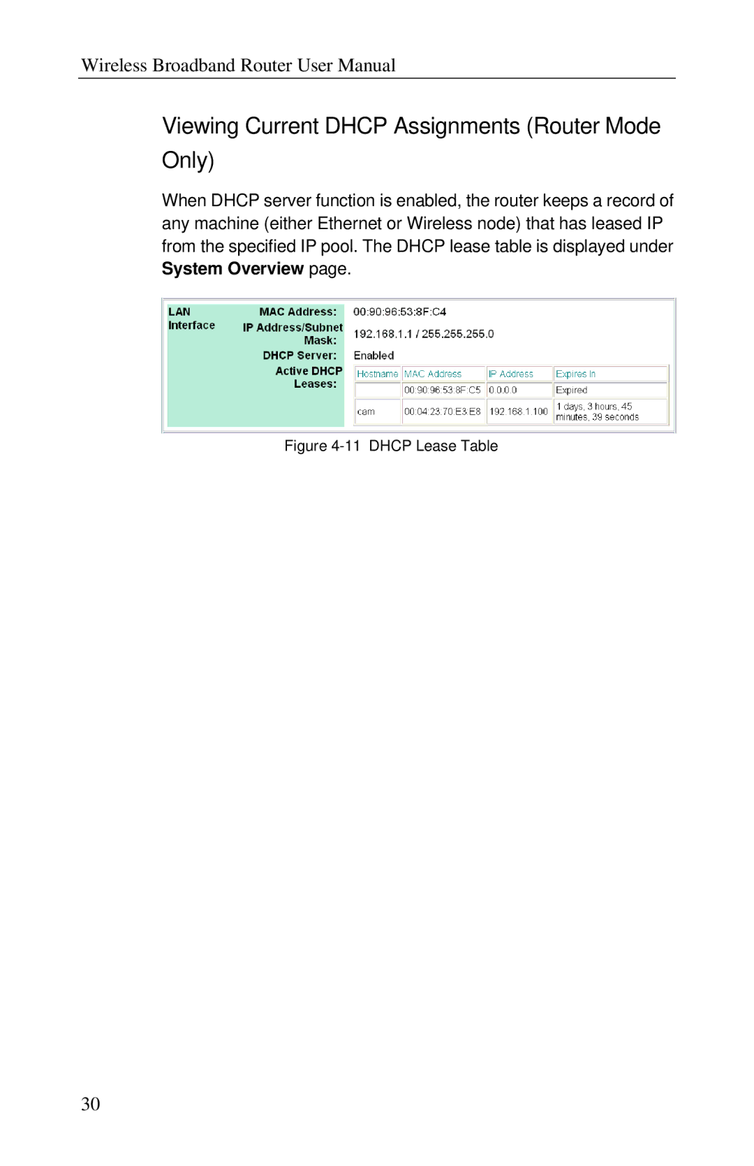 Airlink RT210W user manual Viewing Current Dhcp Assignments Router Mode Only, Dhcp Lease Table 