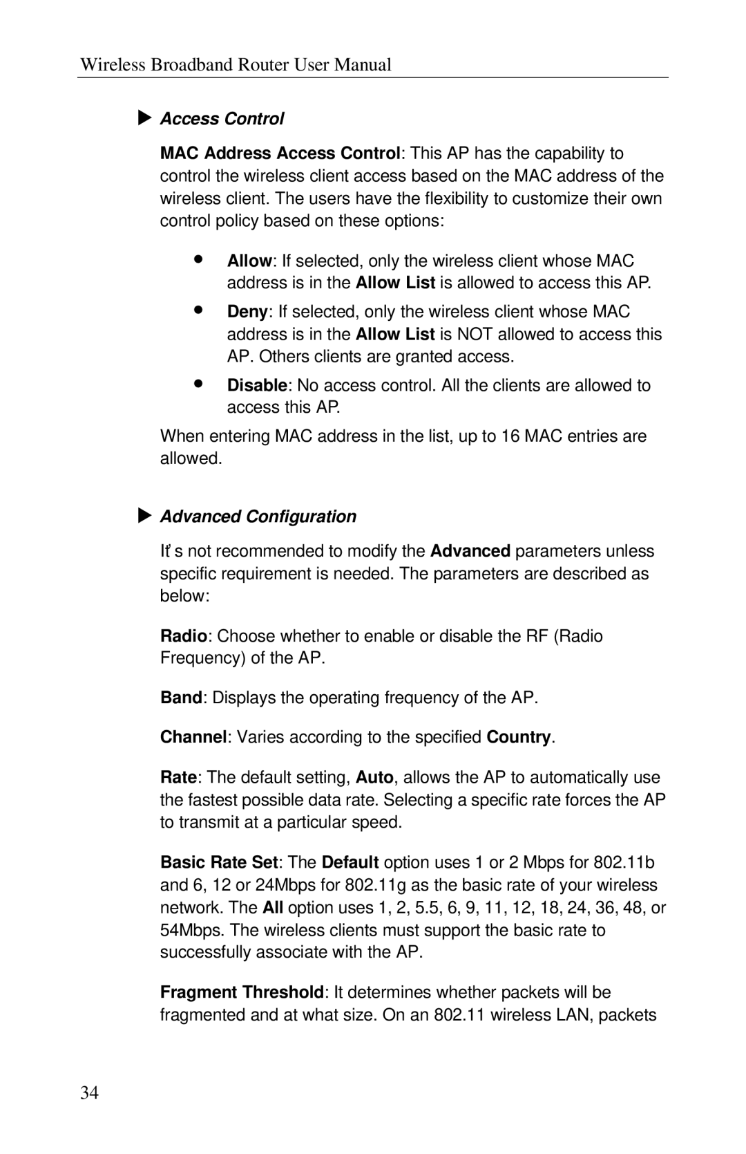 Airlink RT210W user manual Access Control, Advanced Configuration 