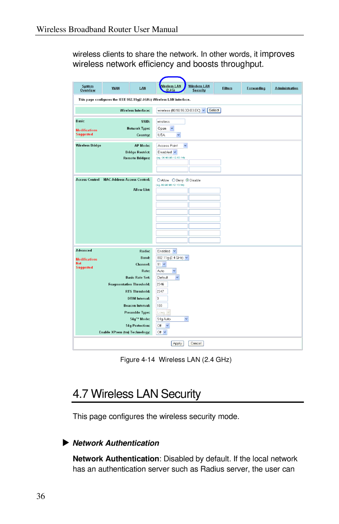 Airlink RT210W user manual Wireless LAN Security, Network Authentication 