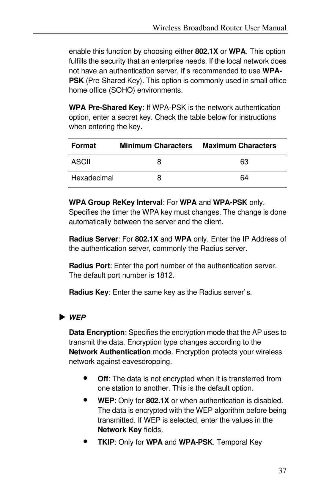 Airlink RT210W user manual Format Minimum Characters, Wep, Network Key fields 