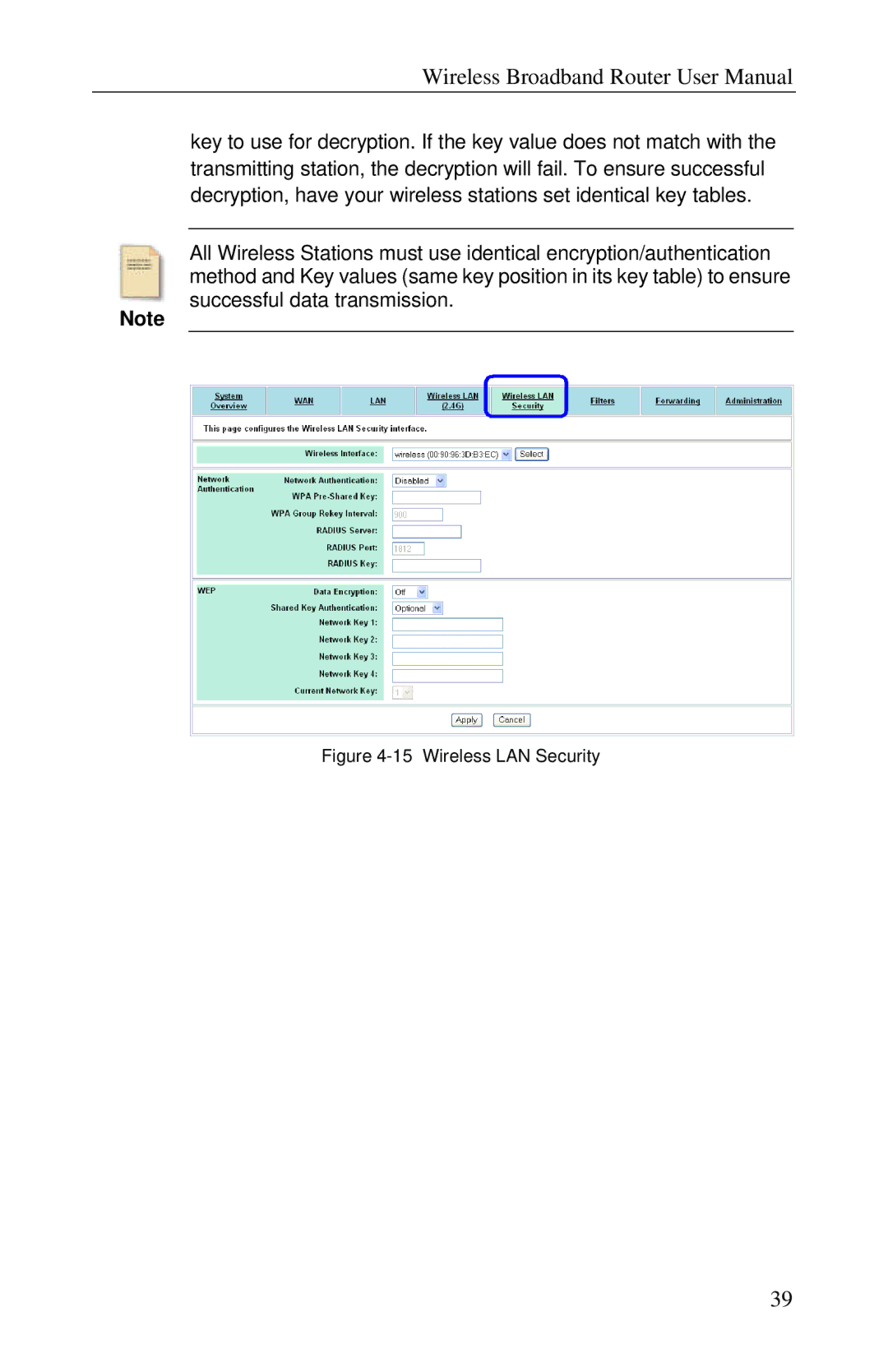 Airlink RT210W user manual Wireless LAN Security 