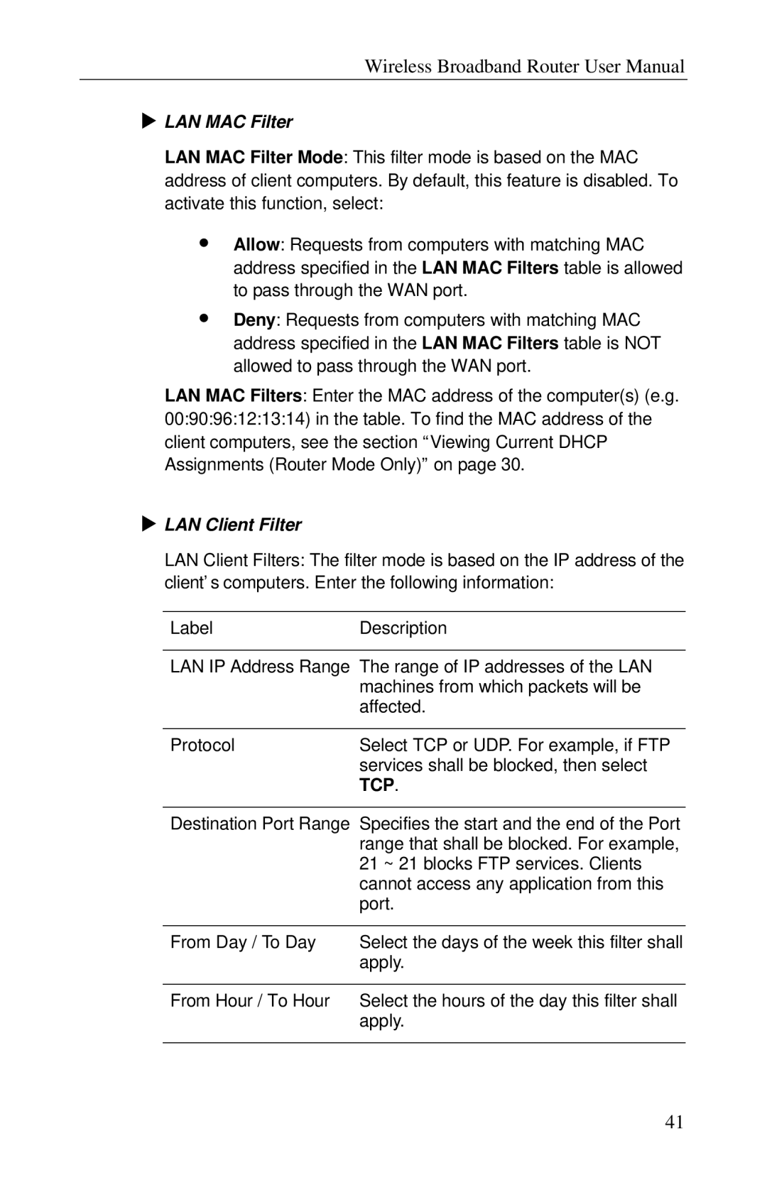 Airlink RT210W user manual LAN MAC Filter, LAN Client Filter 