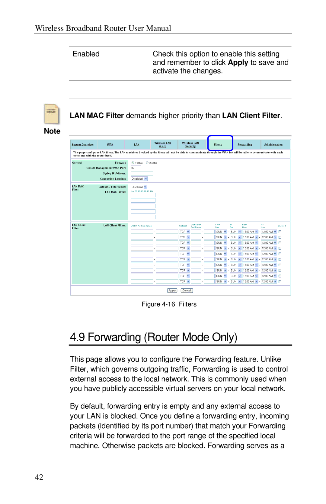 Airlink RT210W user manual Forwarding Router Mode Only, Filters 