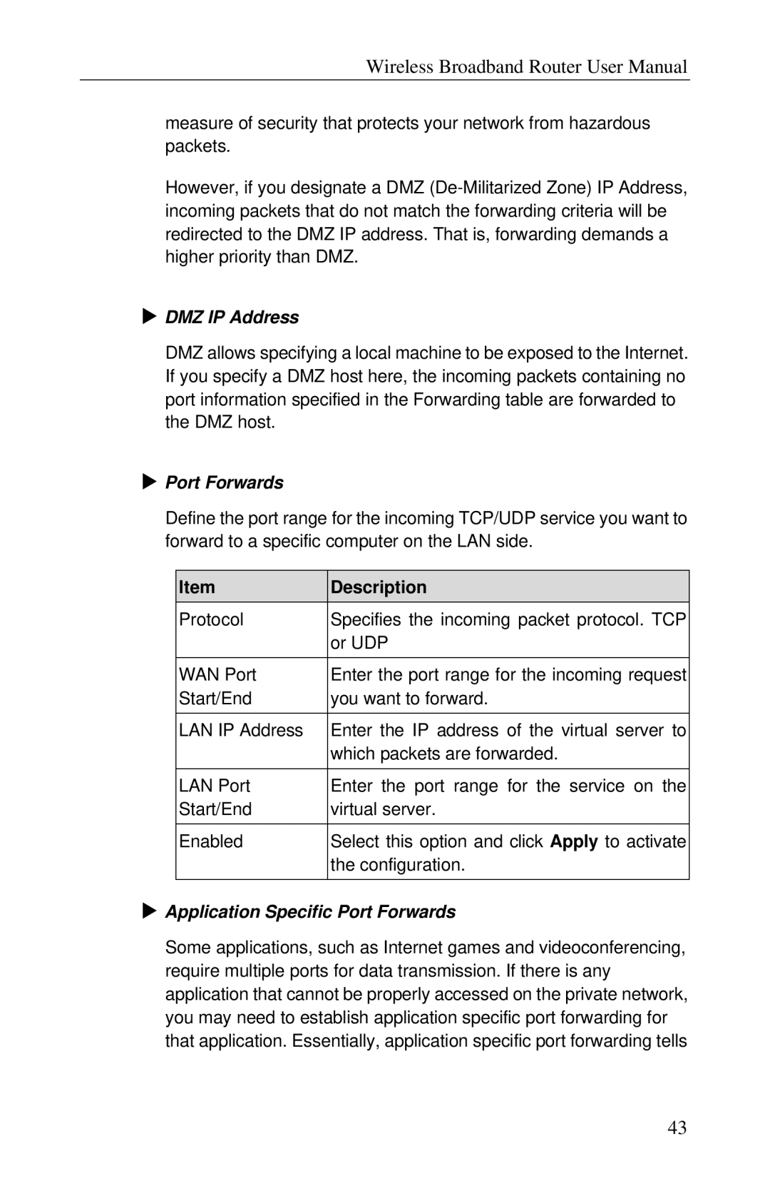 Airlink RT210W user manual DMZ IP Address, Description, Application Specific Port Forwards 