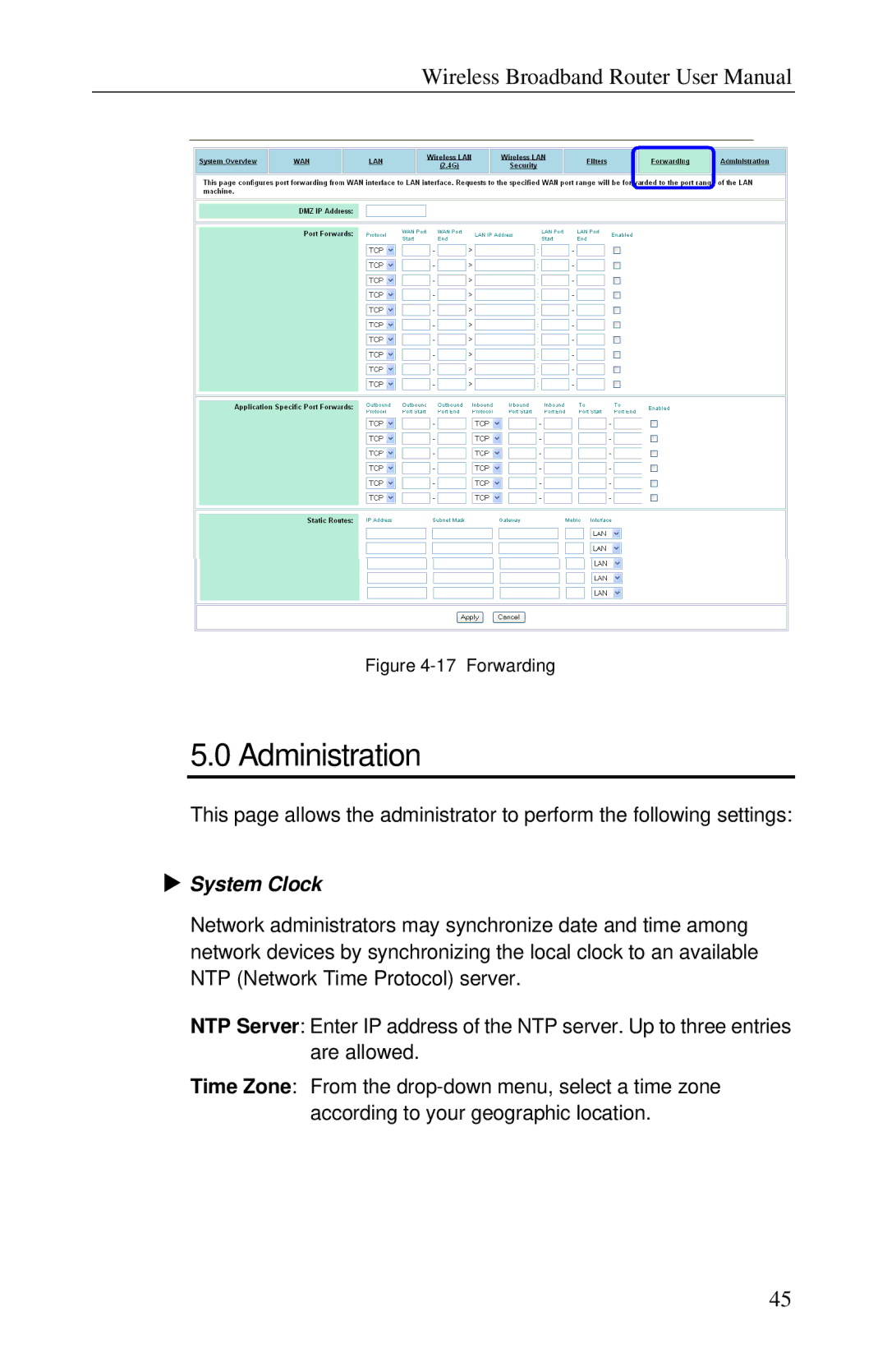 Airlink RT210W user manual Administration, System Clock 