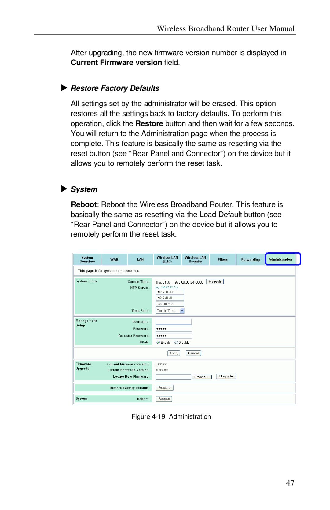 Airlink RT210W user manual Current Firmware version field, Restore Factory Defaults, System 