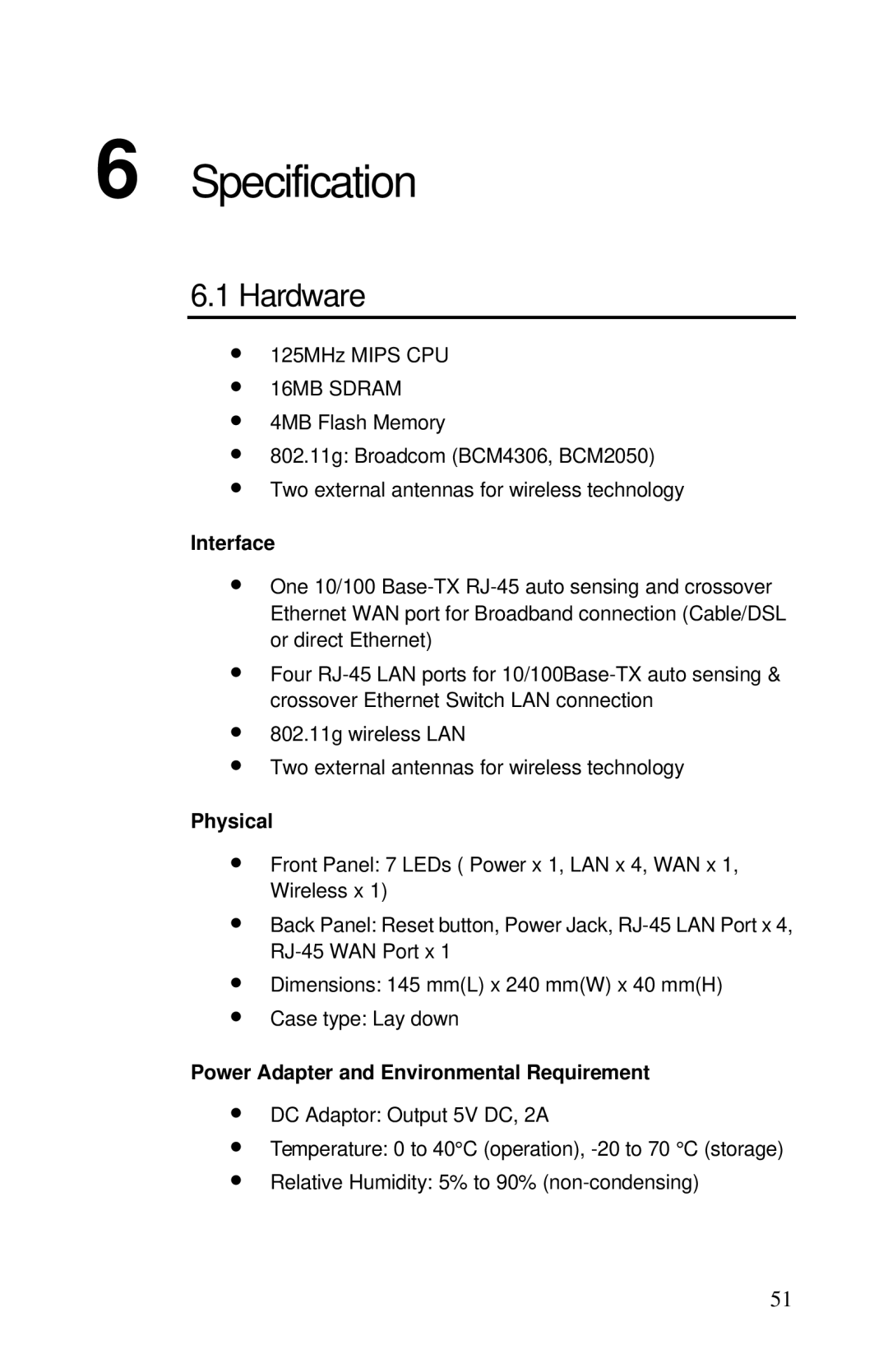 Airlink RT210W user manual Hardware, Interface, Physical, Power Adapter and Environmental Requirement 