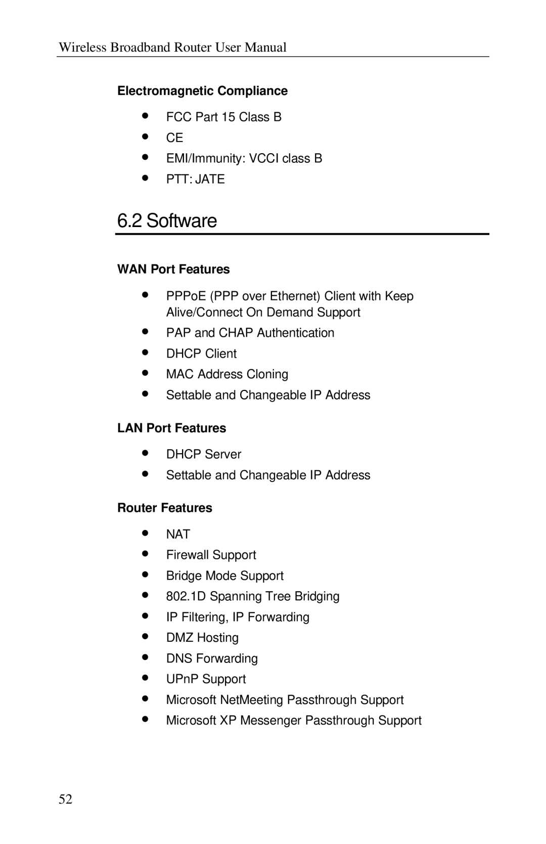 Airlink RT210W user manual Software, Electromagnetic Compliance, WAN Port Features, LAN Port Features, Router Features 