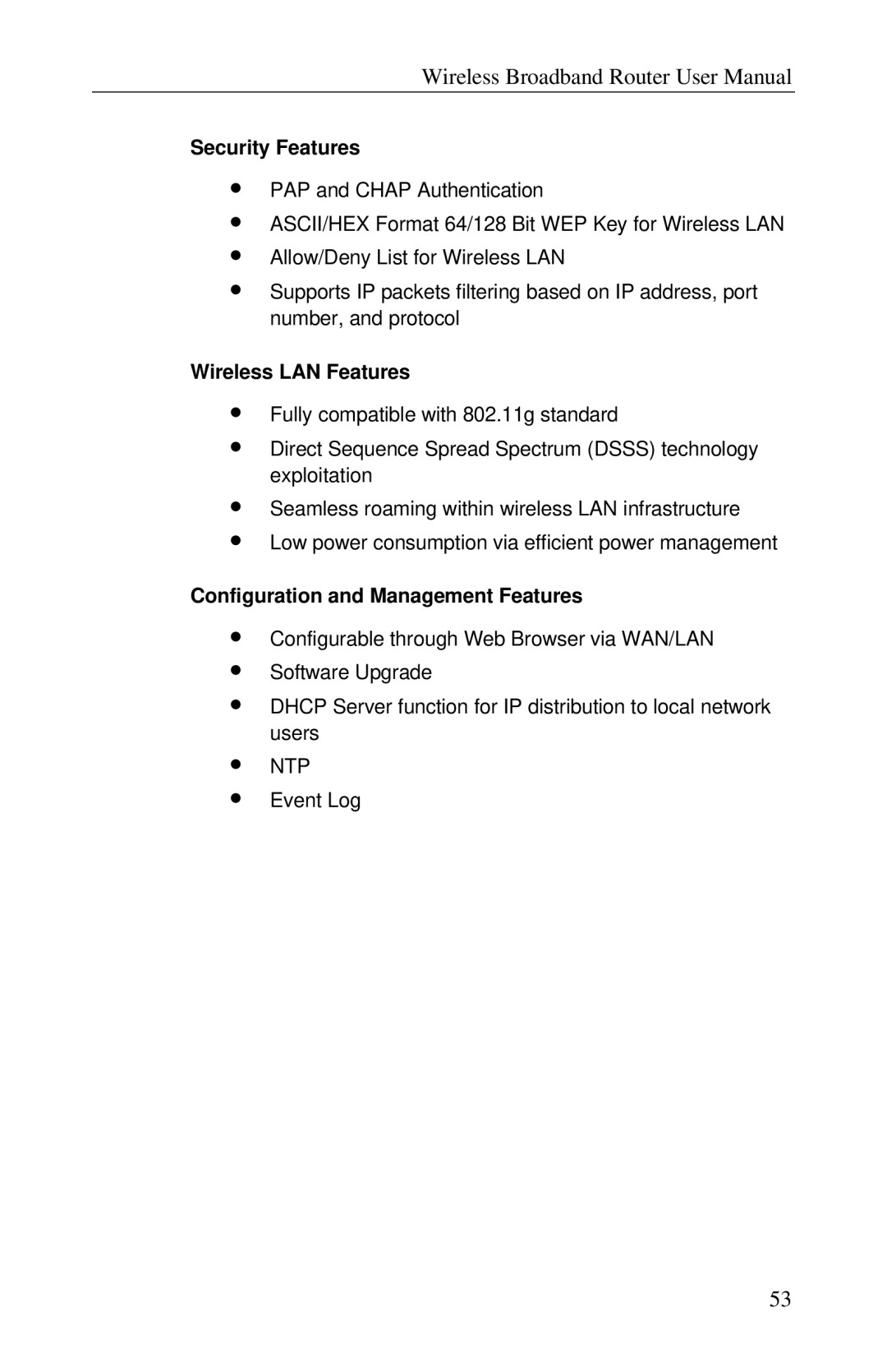 Airlink RT210W user manual Security Features, Wireless LAN Features, Configuration and Management Features 