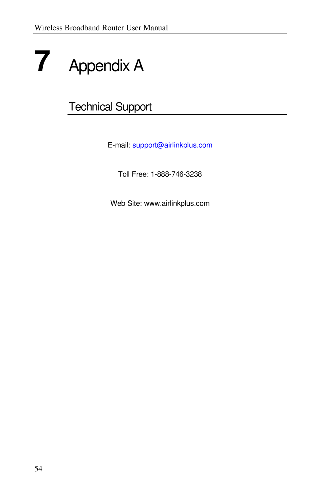 Airlink RT210W user manual Technical Support 