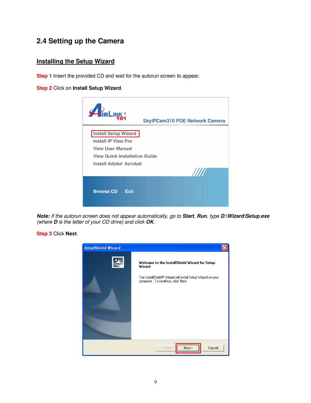 Airlink SkyIPCam310 user manual Setting up the Camera, Installing the Setup Wizard 