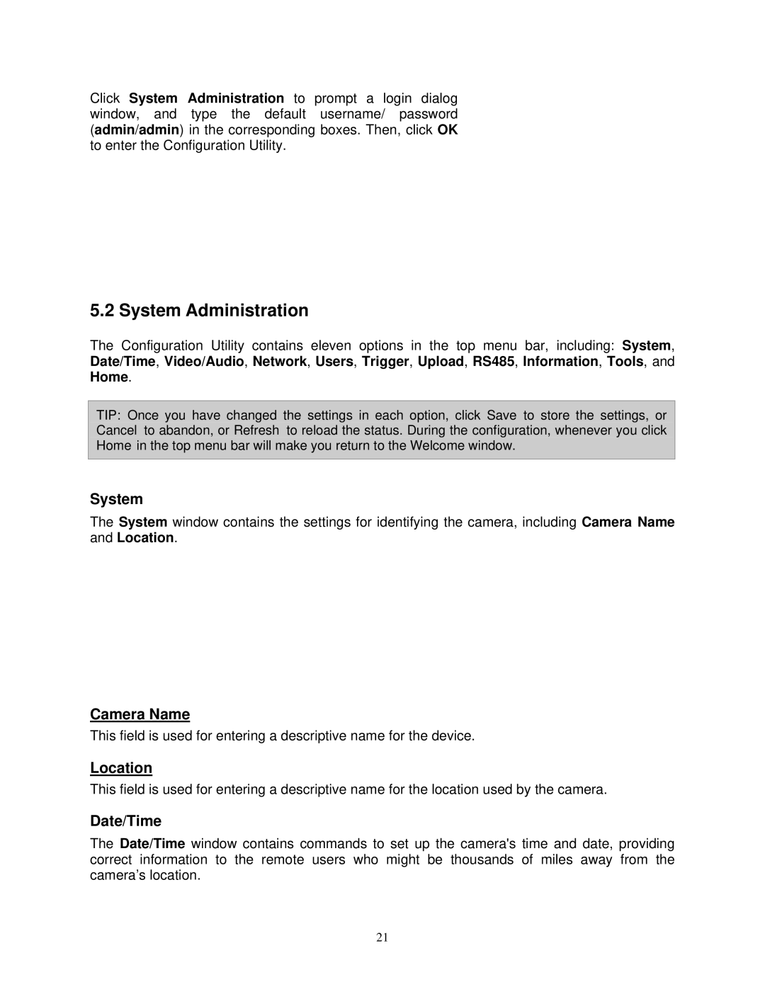 Airlink SkyIPCam310 user manual System Administration, Camera Name, Location, Date/Time 