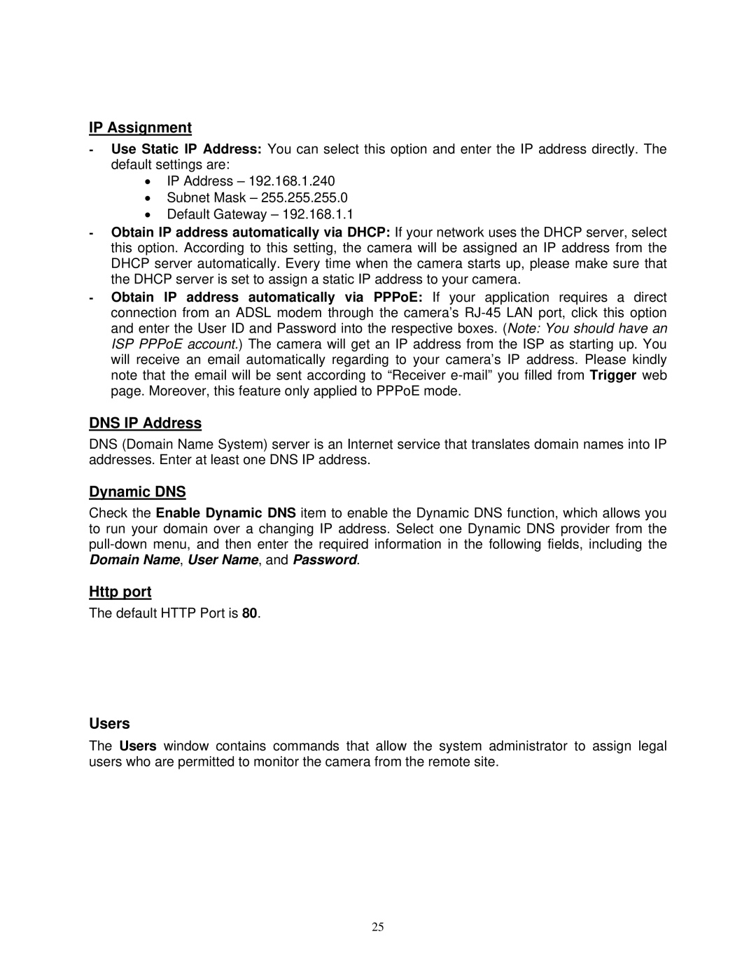 Airlink SkyIPCam310 user manual IP Assignment, DNS IP Address, Dynamic DNS, Http port, Users 