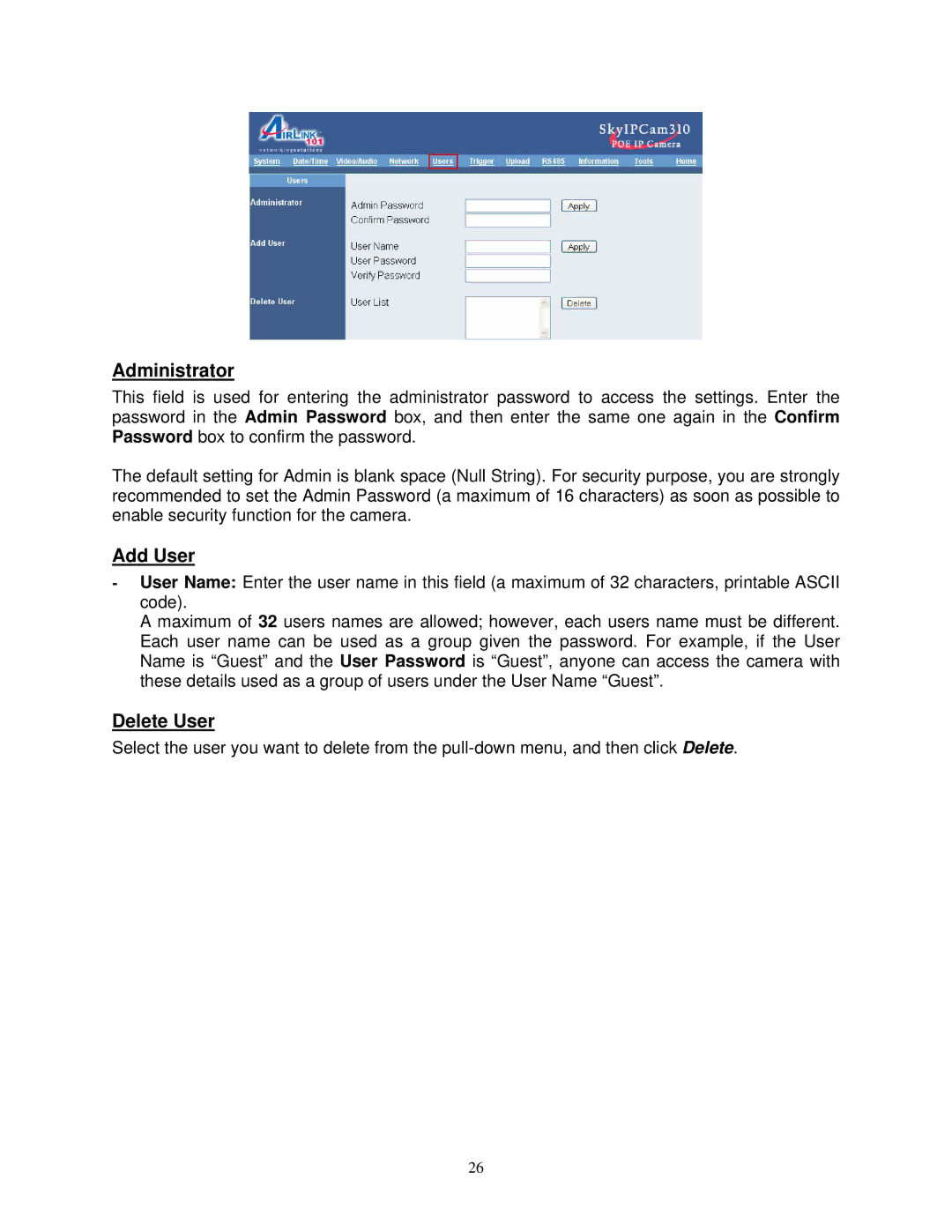 Airlink SkyIPCam310 user manual Administrator, Add User, Delete User 