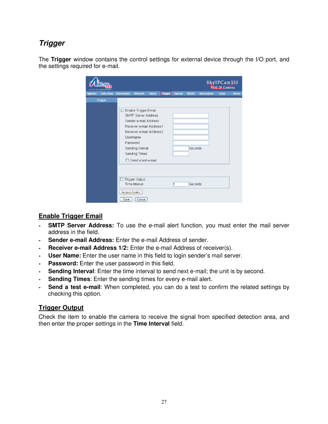 Airlink SkyIPCam310 user manual Enable Trigger Email, Trigger Output 