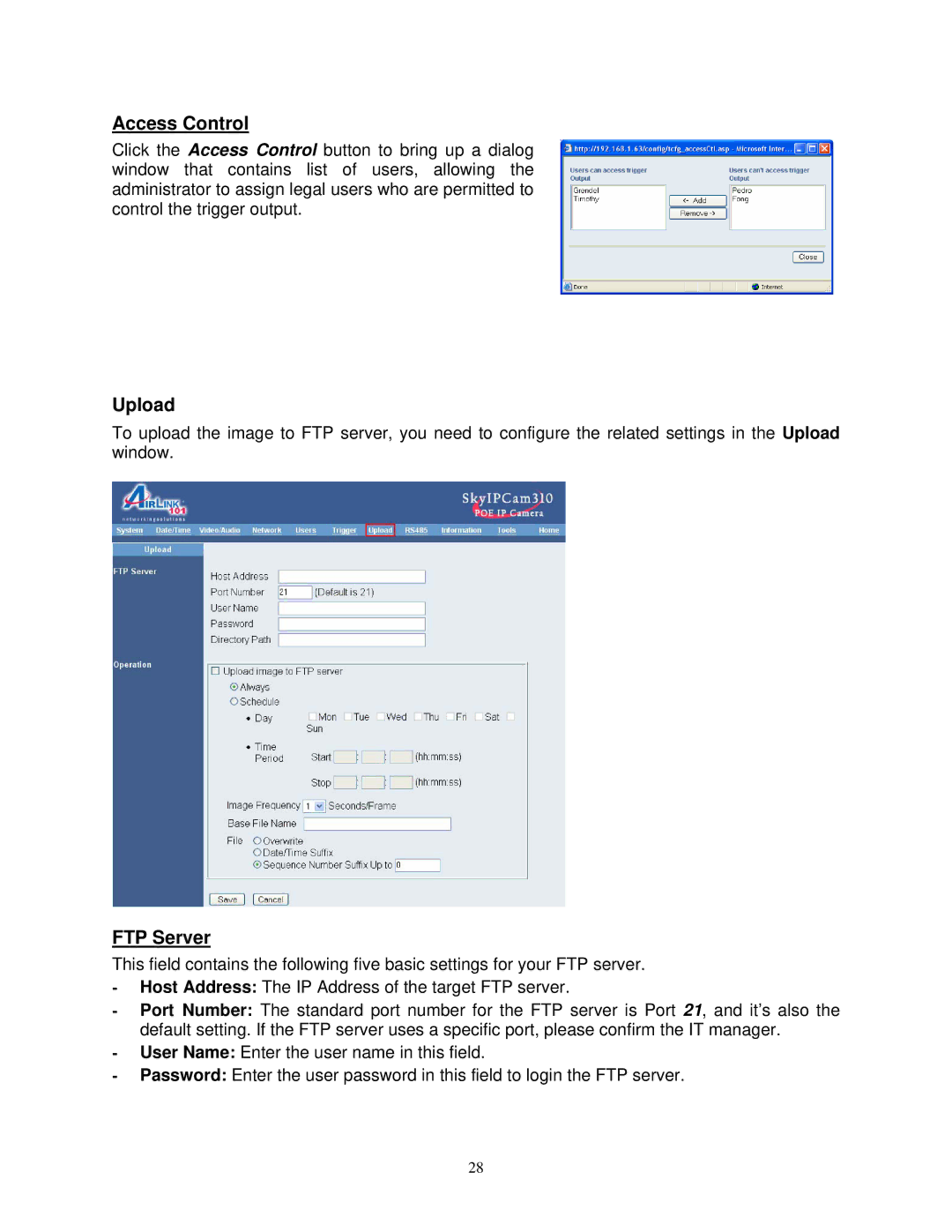 Airlink SkyIPCam310 user manual Access Control, Upload, FTP Server 