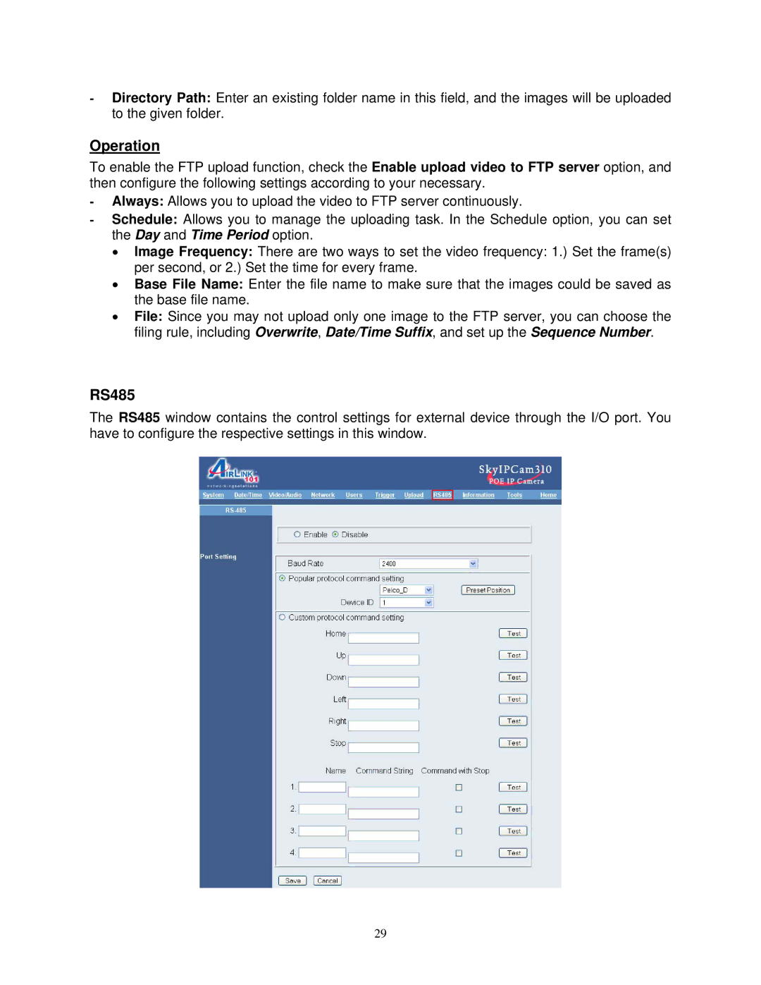 Airlink SkyIPCam310 user manual Operation, RS485 