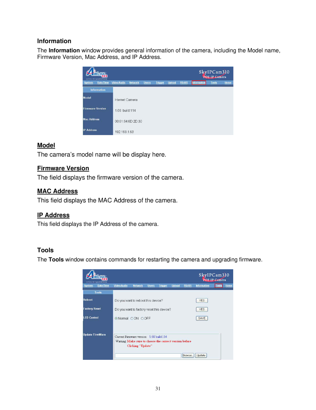 Airlink SkyIPCam310 user manual Information, Model, Firmware Version, MAC Address, IP Address, Tools 