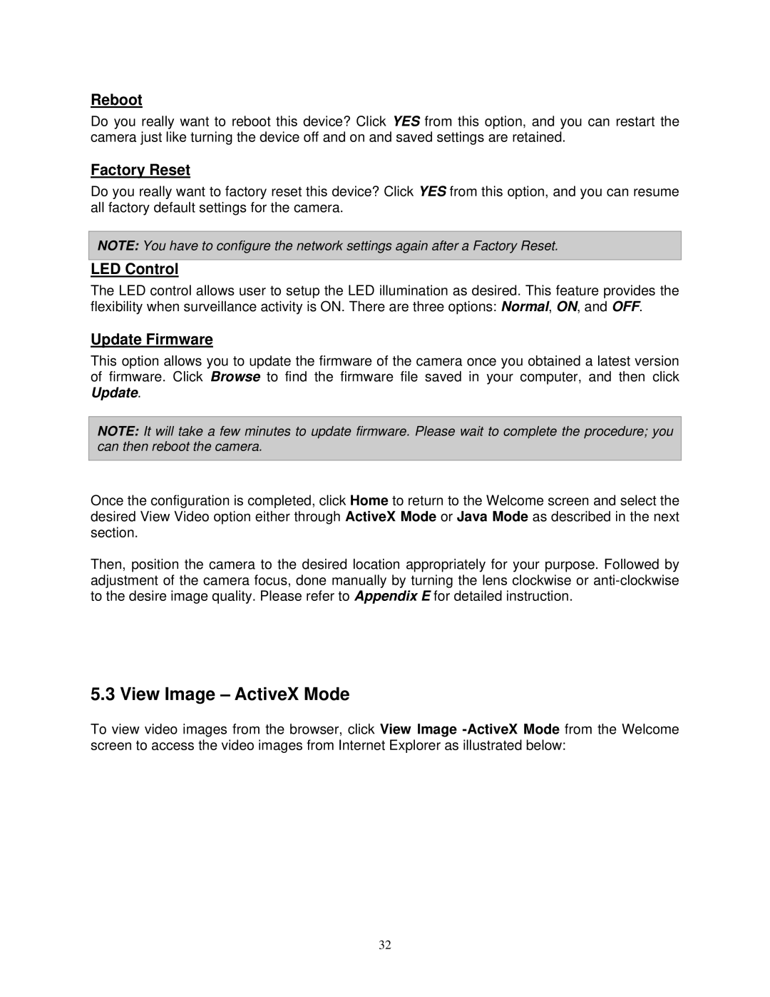 Airlink SkyIPCam310 user manual View Image ActiveX Mode, Reboot, Factory Reset, LED Control, Update Firmware 