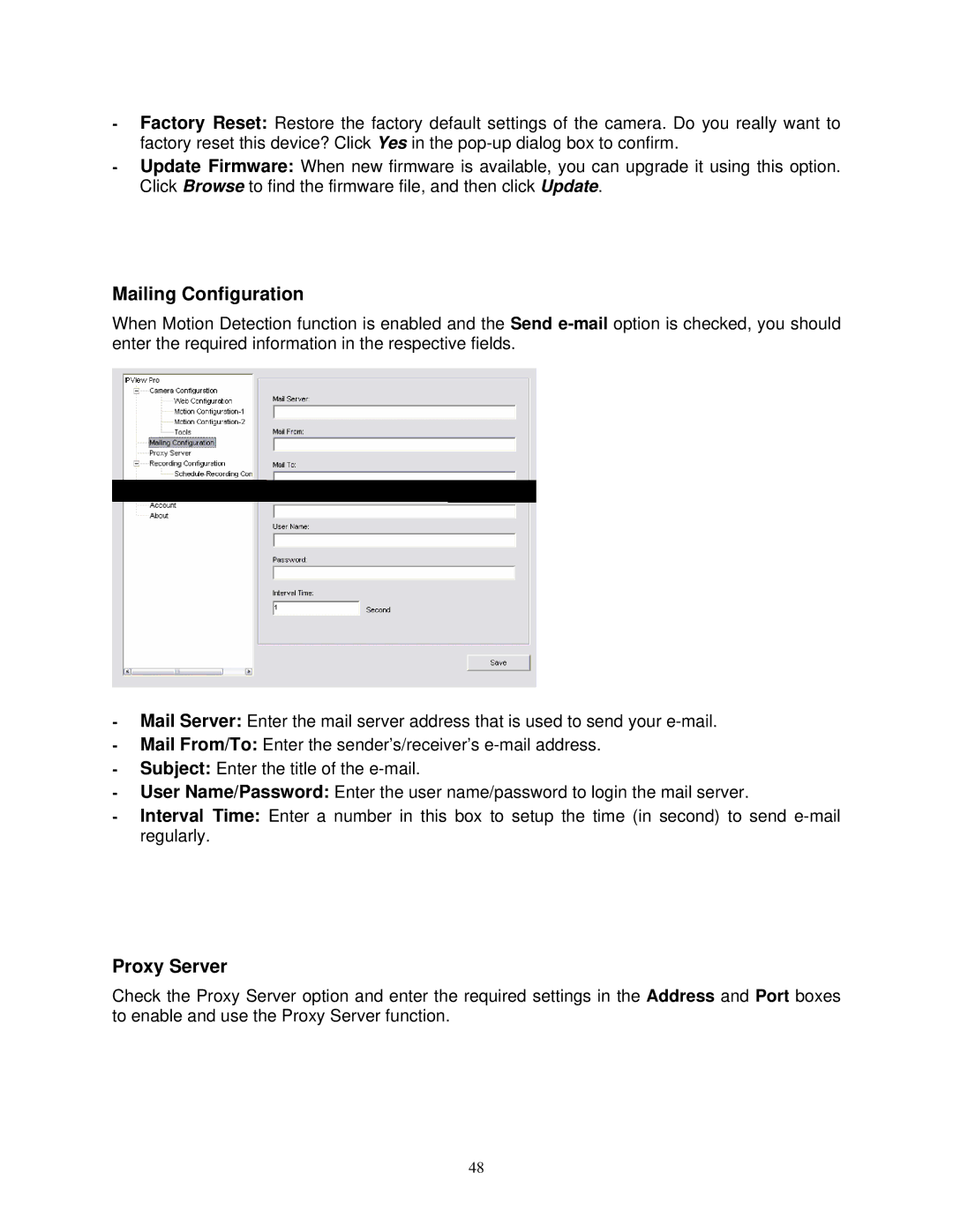 Airlink SkyIPCam310 user manual Mailing Configuration, Proxy Server 