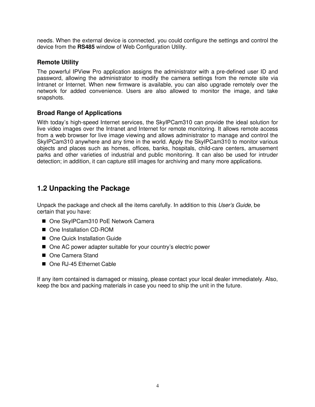 Airlink SkyIPCam310 user manual Unpacking the Package, Remote Utility, Broad Range of Applications 