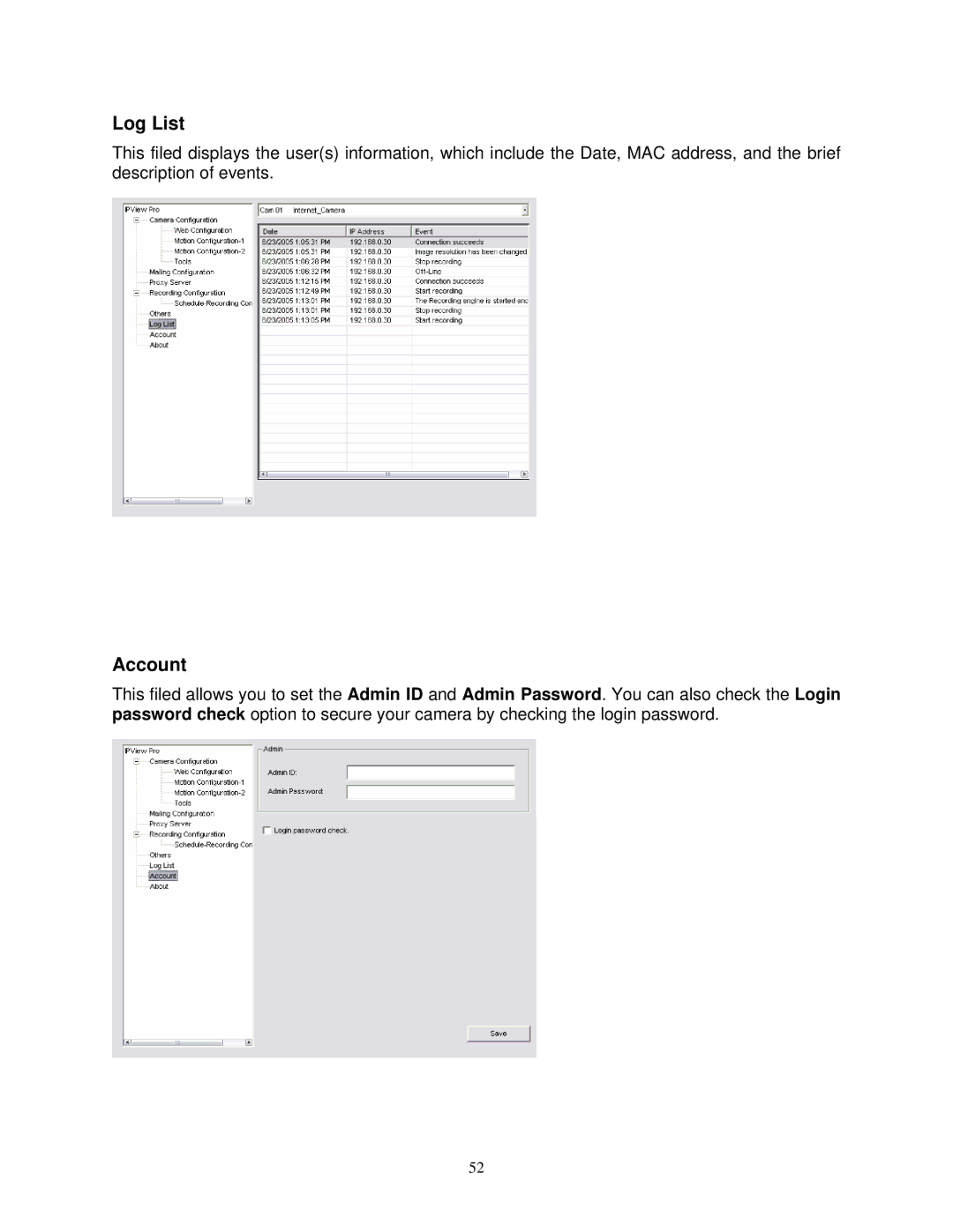 Airlink SkyIPCam310 user manual Log List, Account 