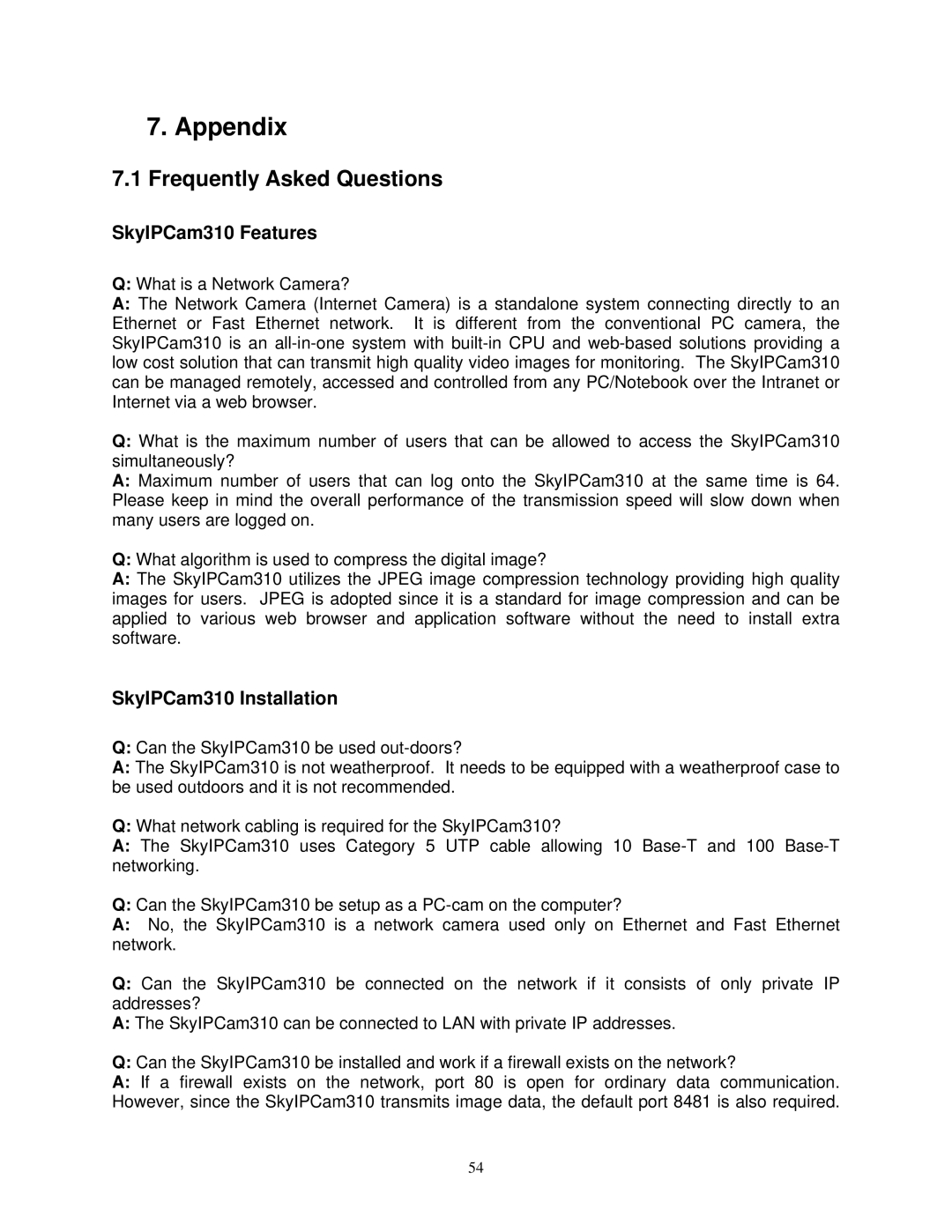 Airlink user manual Appendix, Frequently Asked Questions, SkyIPCam310 Features, SkyIPCam310 Installation 