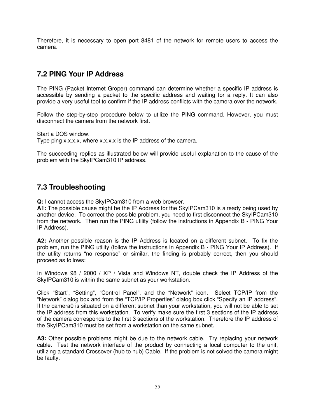 Airlink SkyIPCam310 user manual Ping Your IP Address, Troubleshooting 