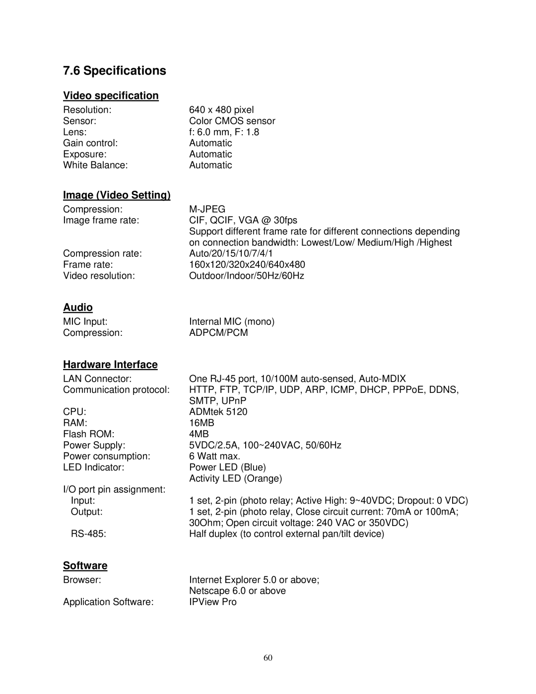 Airlink SkyIPCam310 user manual Image Video Setting, Hardware Interface, Software 