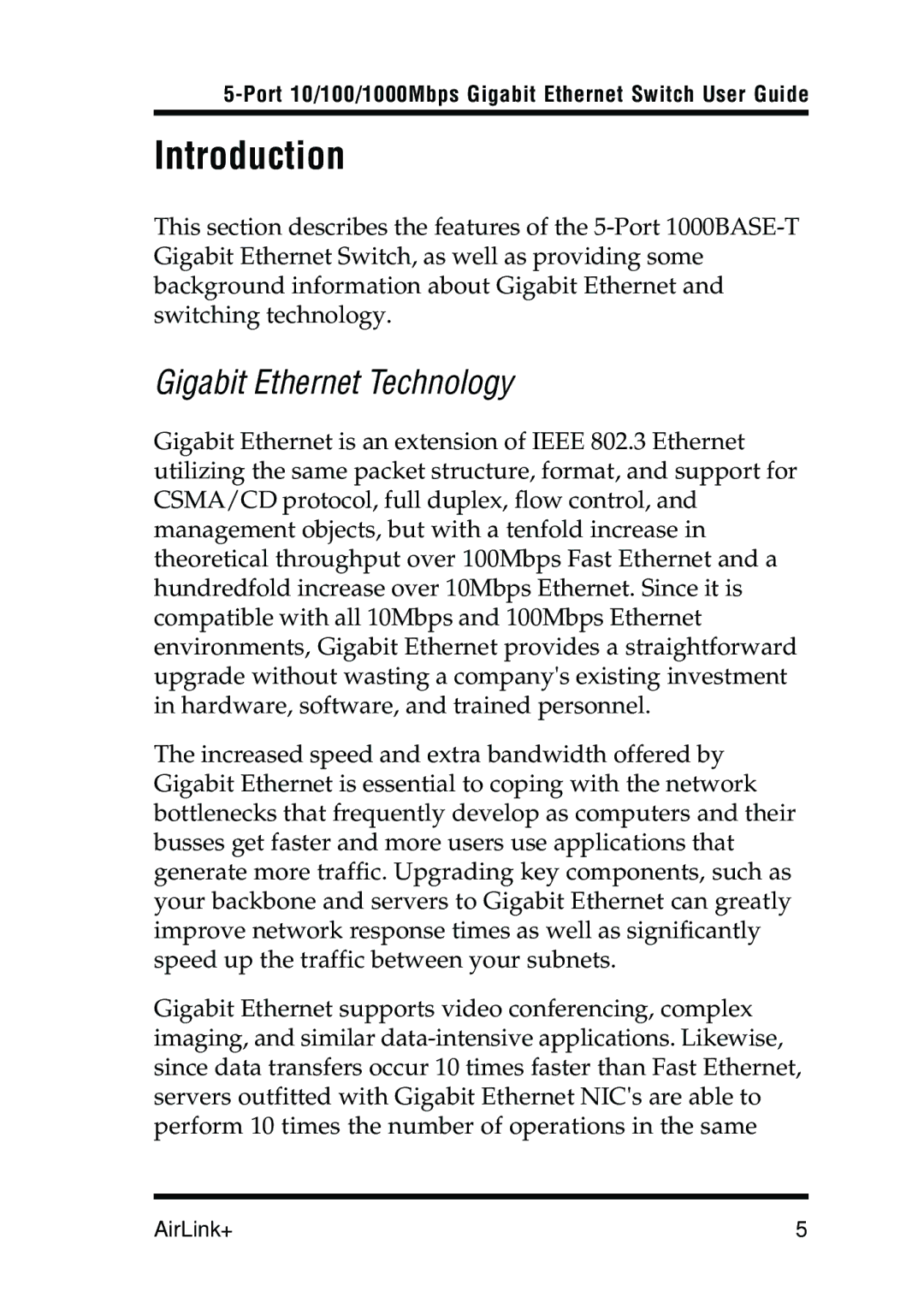 Airlink UG-AGIGA5SW-1105 manual Introduction, Gigabit Ethernet Technology 