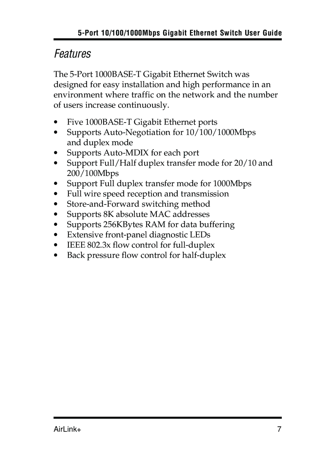 Airlink UG-AGIGA5SW-1105 manual Features 