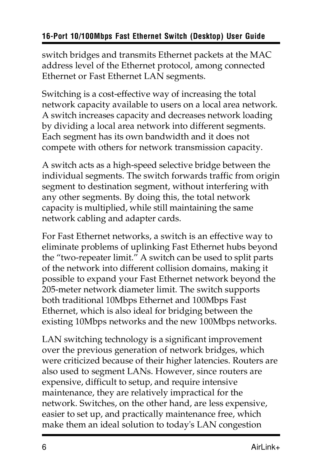 Airlink UG-ASW116-1103 manual Port 10/100Mbps Fast Ethernet Switch Desktop User Guide 