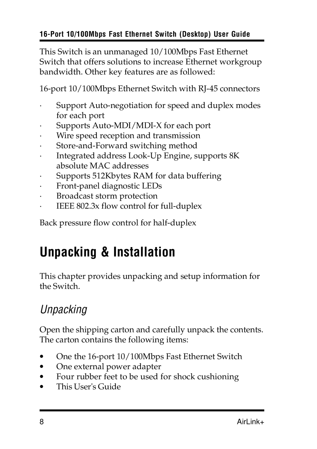 Airlink UG-ASW116-1103 manual Unpacking & Installation 