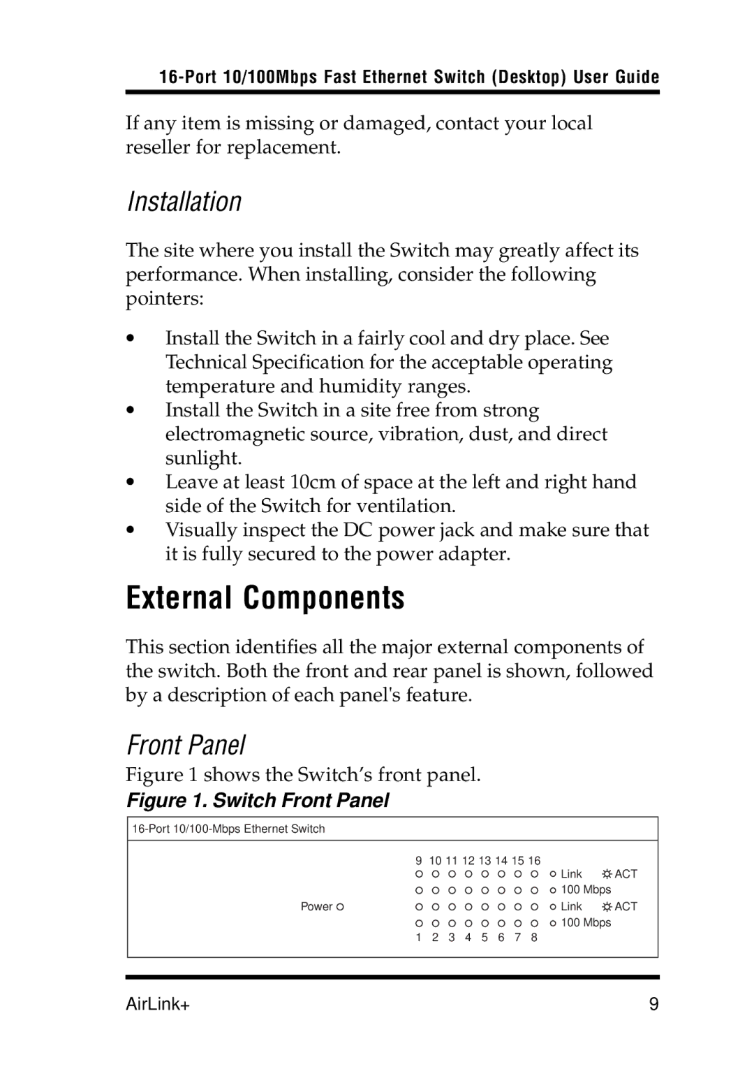 Airlink UG-ASW116-1103 manual External Components, Installation, Front Panel 