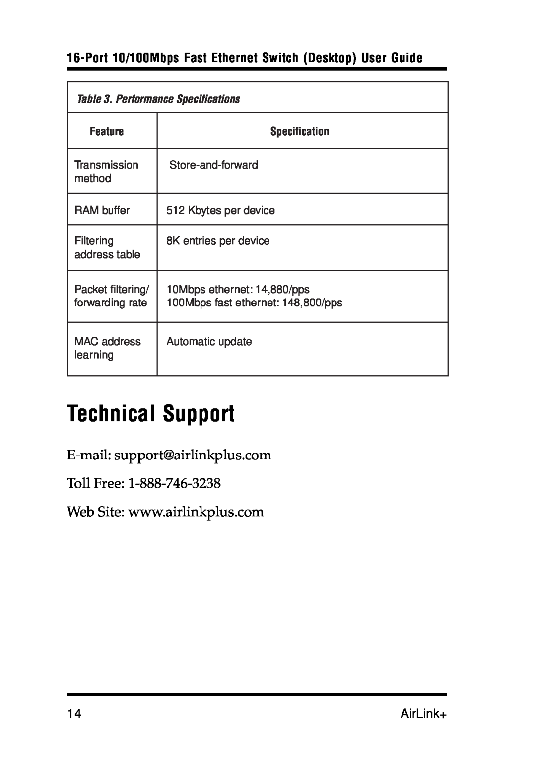 Airlink UG-ASW116-1103 manual Technical Support, Port 10/100Mbps Fast Ethernet Switch Desktop User Guide, AirLink+, Feature 